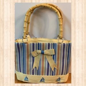 Yellow Blue Red and White Striped Canvas Tote Purse with Sailboat Detail